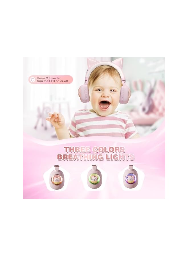 Cat Ear Kids Bluetooth Headphones, Foldable LED Light Up Headphones Stereo Over Ear with Microphone/TF Card Wireless Headphone for iPhone/iPad/Smartphone/Laptop/PC/TV (Pale Pink) - Image 2